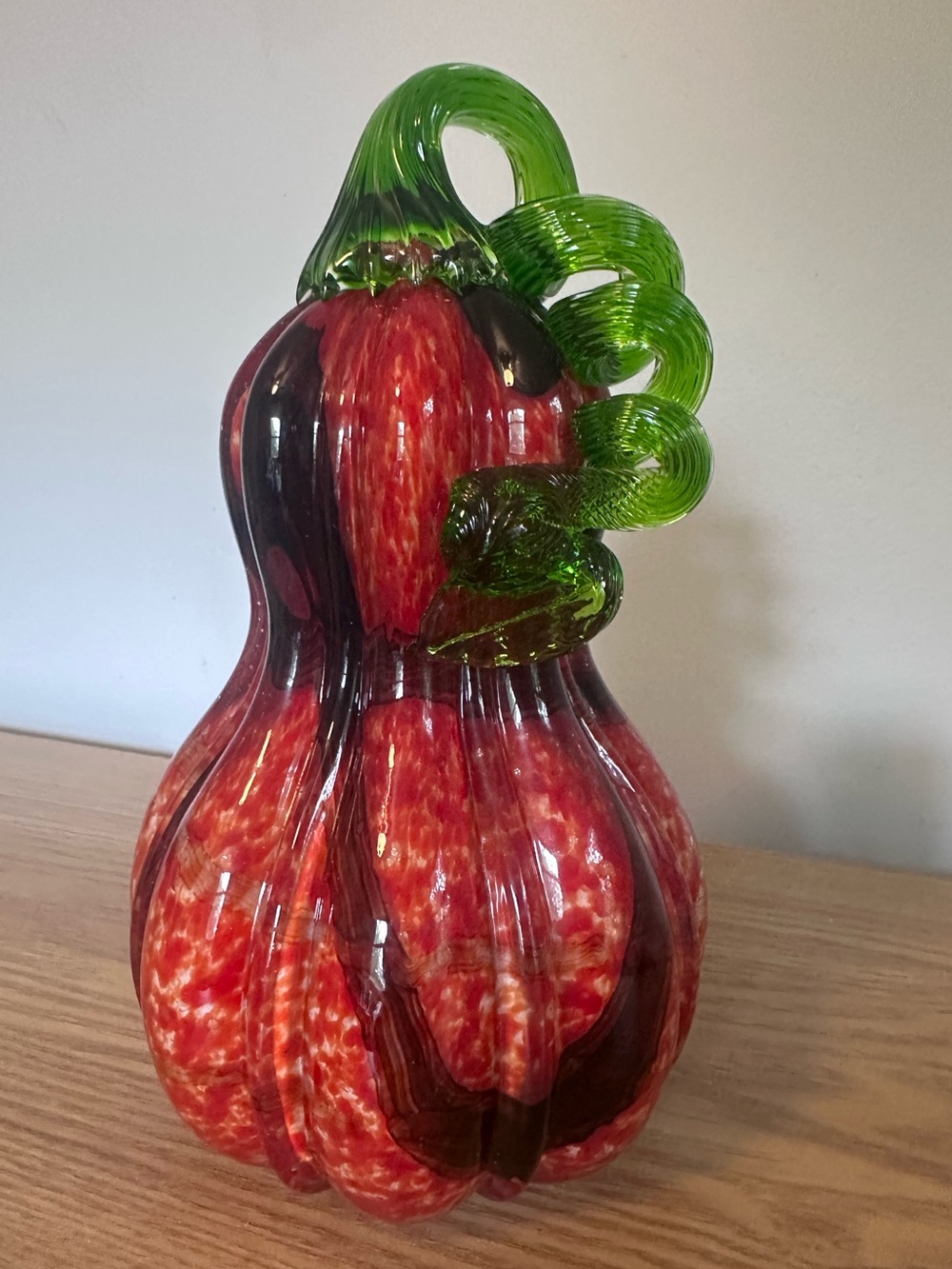 Large Handblown Red & Green Glass Gourd Sculpture - Decorative Home Art